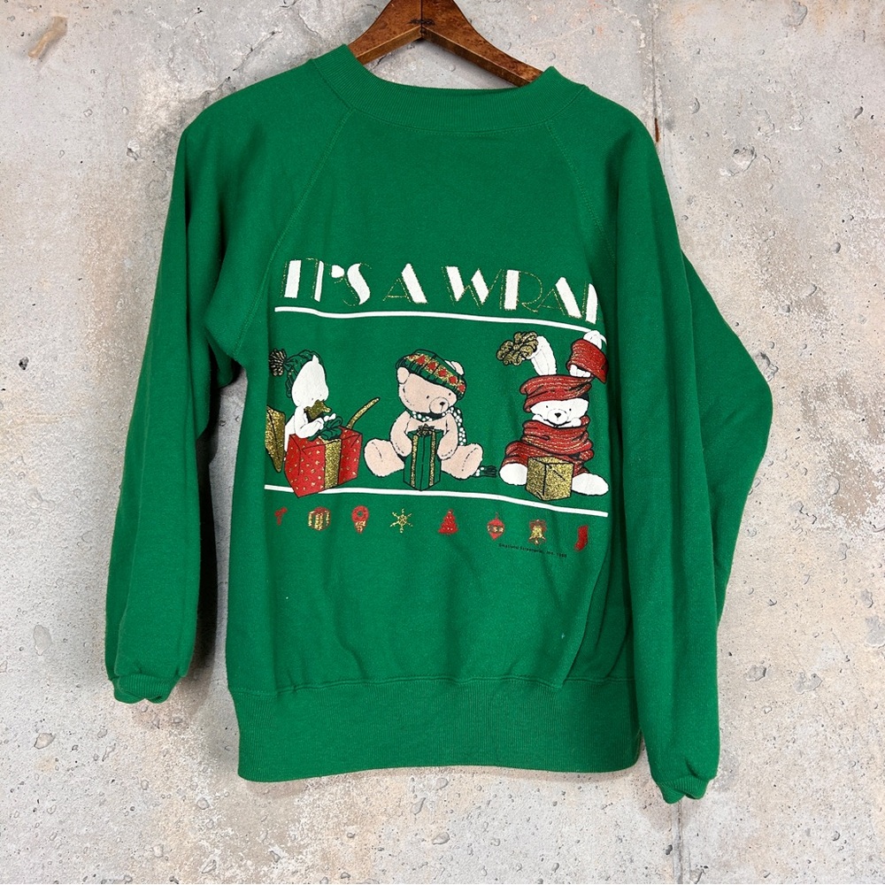 Vintage 80s teddy bear graphic Christmas crewneck, green sweatshirt medium